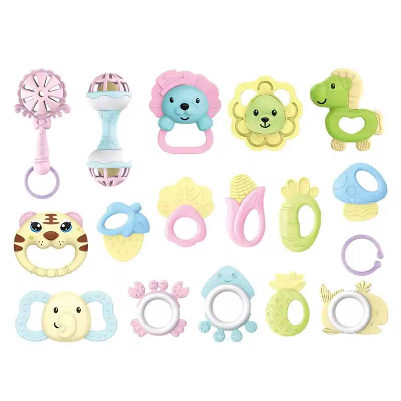 صندوق الشخاليل والألعاب الحسية 17 قطعة، مجموعة آمنة لتنمية الرضع