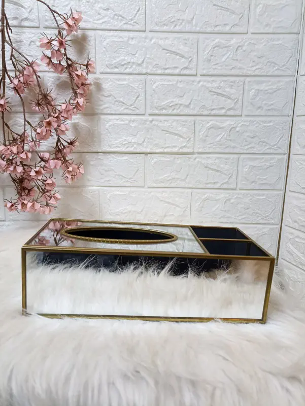 علبة "اللمسة العاكسة" للمناديل بتصميم مرآة ومنظم ذهبي