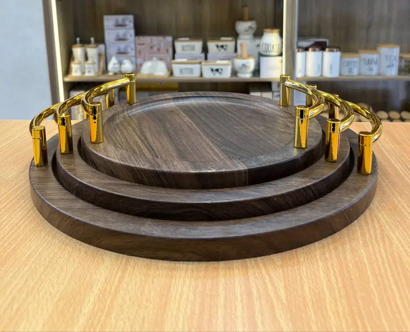 صينية تقديم خشبية فاخرة بمستويين ومقابض ذهبية (موديل أنيق)