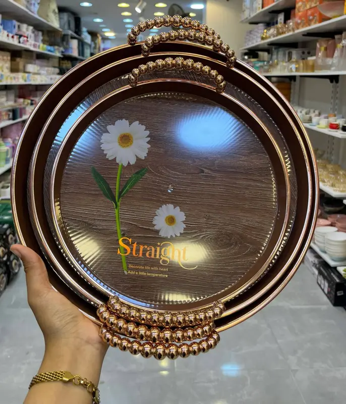 طقم صواني ميلامين مدورة بتصميم الخشب والورد (مقابض ذهبية فاخرة)