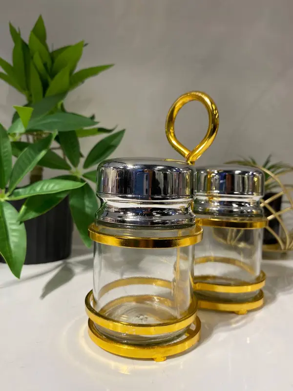 طقم ملاحات زجاج بلمسة ذهبية وفضية على استاند (2 قطعة)