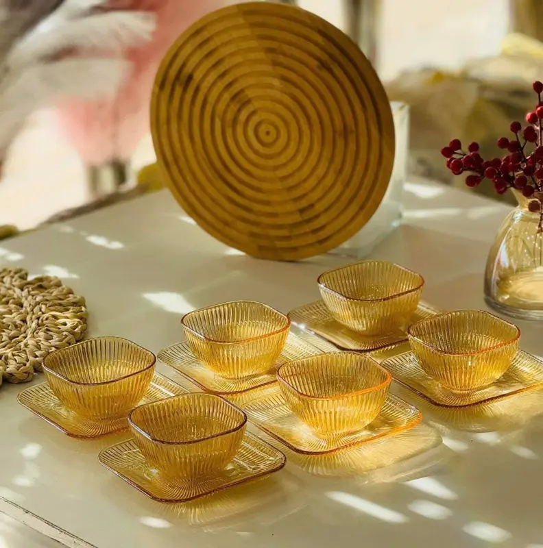 طقم التقديم "ديكور جلاس" المضلع والشفاف 12 قطعة للخشاف والحلويات