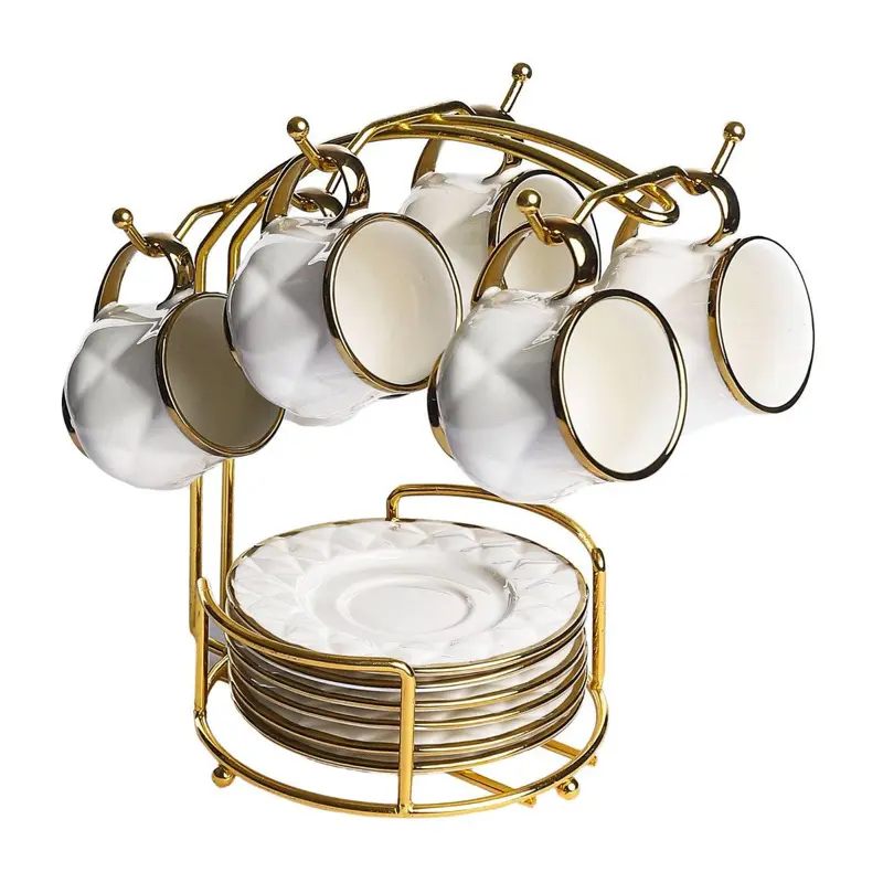 طقم القهوة الملكي "جولد إيليجانس" 12 قطعة من البورسلين المستورد بحامل معدن