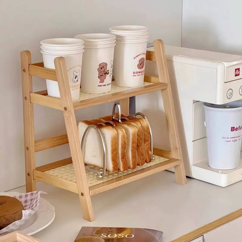 رف تخزين خشبي من خشب الزان بتصميم طبقتين