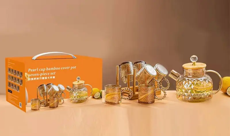 طقم شاي بيركس حراري عسلي مضلع ٨ قطع مع استاند خشبي فاخر