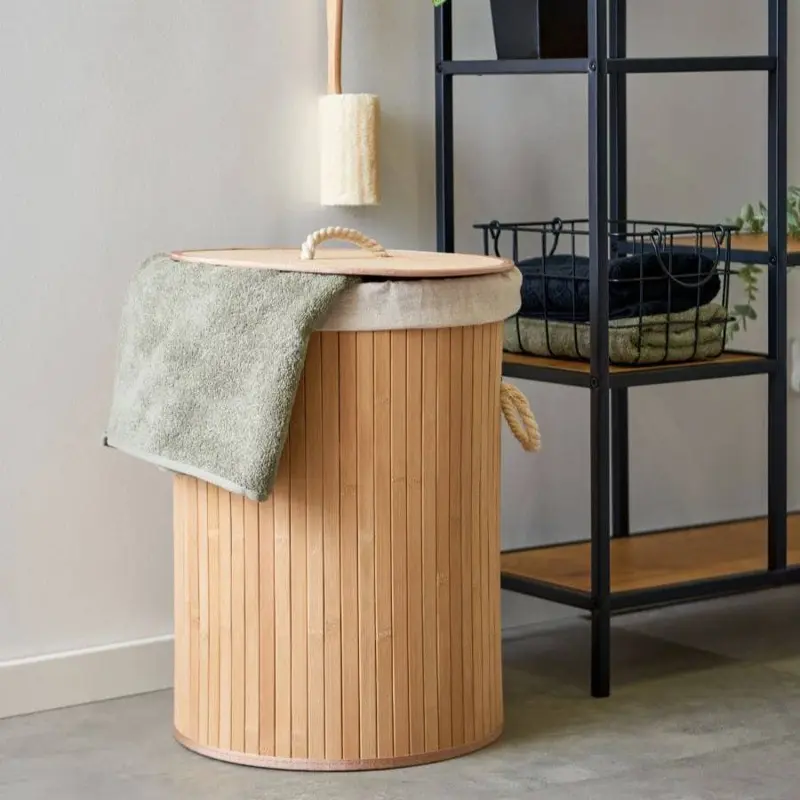 باسكت غسيل وتنظيم فاخر (بإطار بامبو وغطاء خشبي 75 لتر)