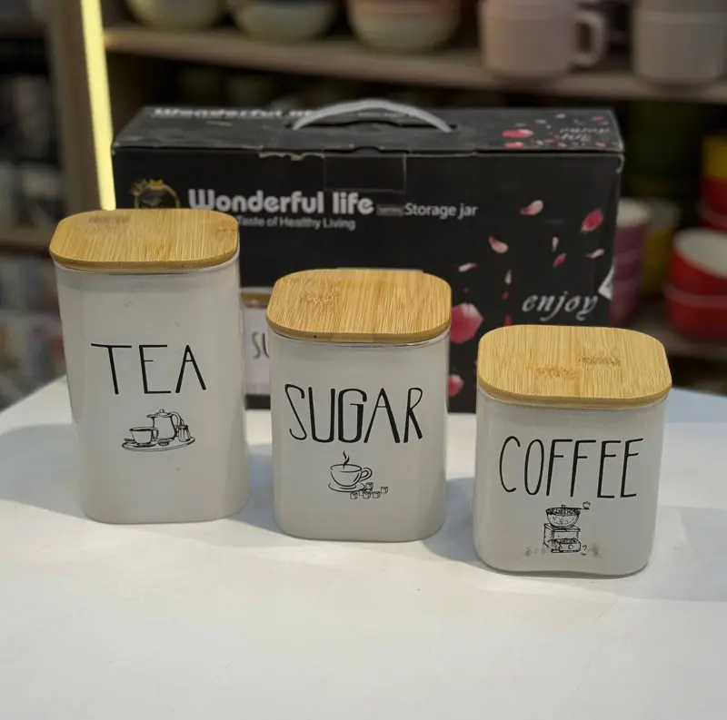 طقم كوفي زجاج بغطاء خشب