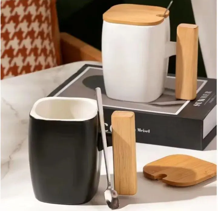 المج المربع السيراميك التريندي المتكامل (بغطاء بامبو ومعلقة)